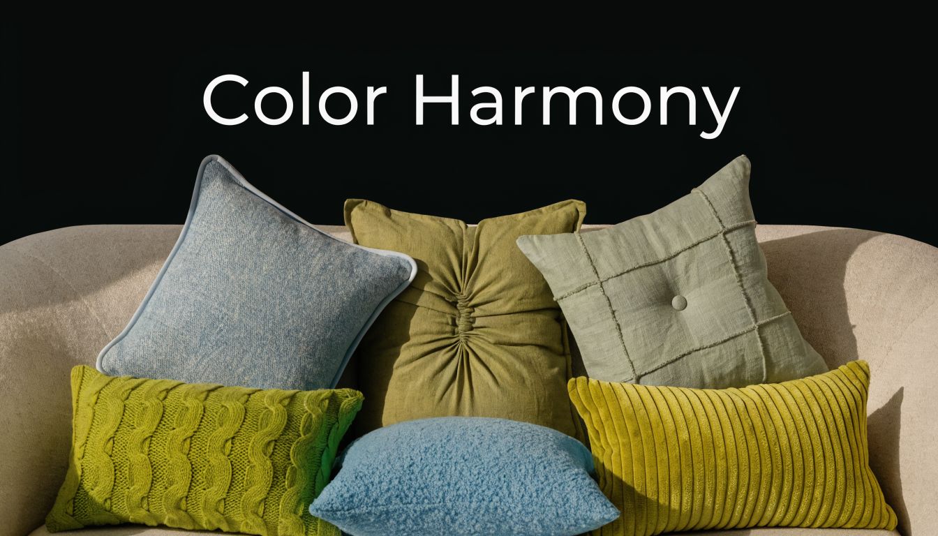 A collection of textured throw pillows in shades of green and blue arranged on a neutral sofa.