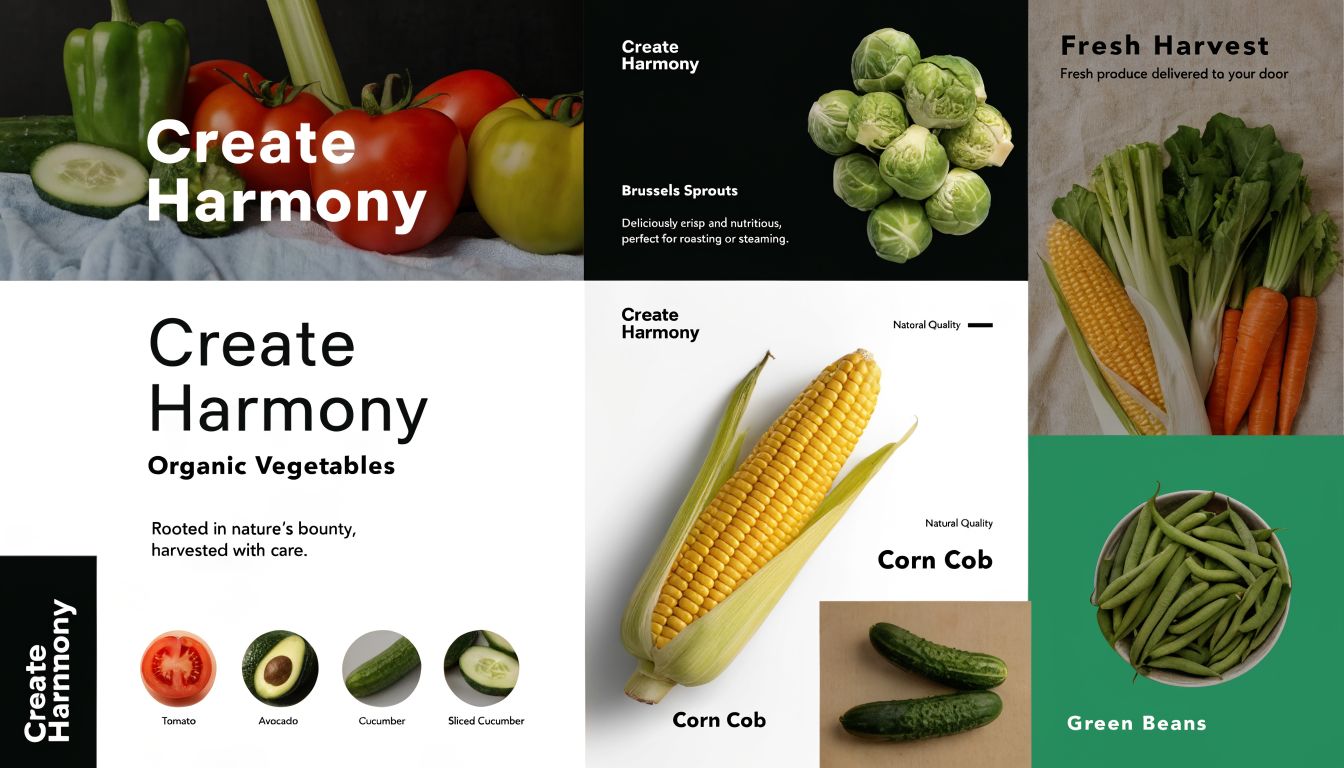 A collage showing various fresh organic vegetables like corn, tomatoes, brussels sprouts, and green beans.