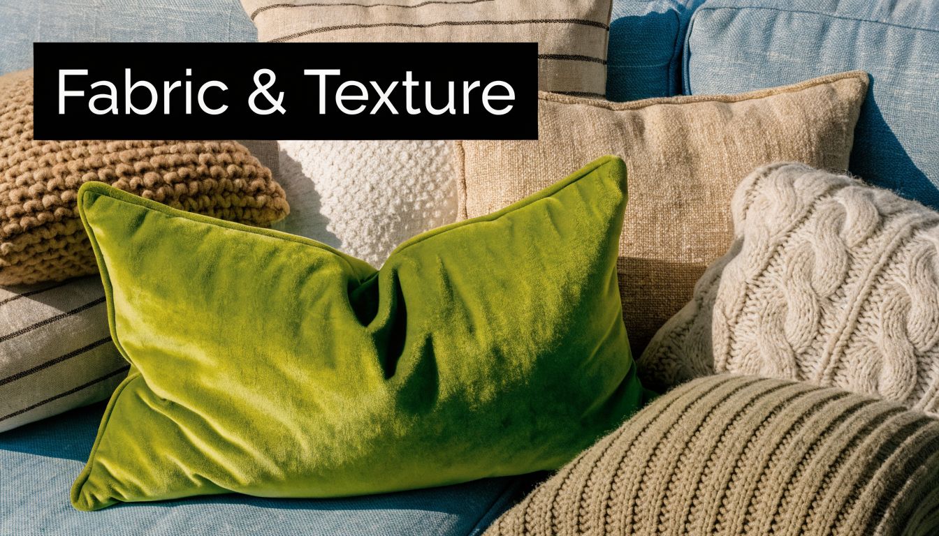 A diverse collection of textured throw pillows in various colors and fabrics arranged on a blue couch.