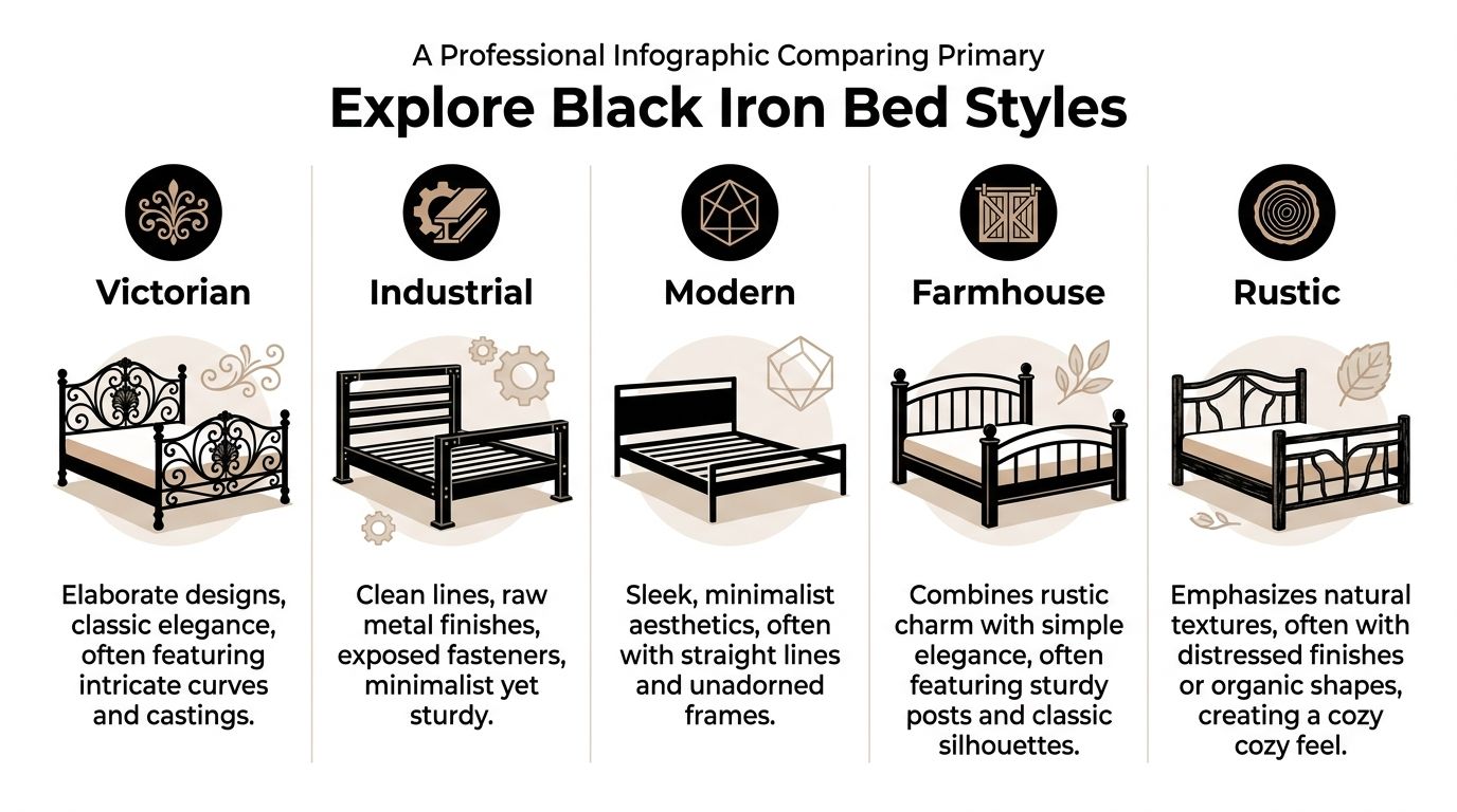 A professional infographic showcasing and comparing five primary styles of black iron beds for bedroom furniture.