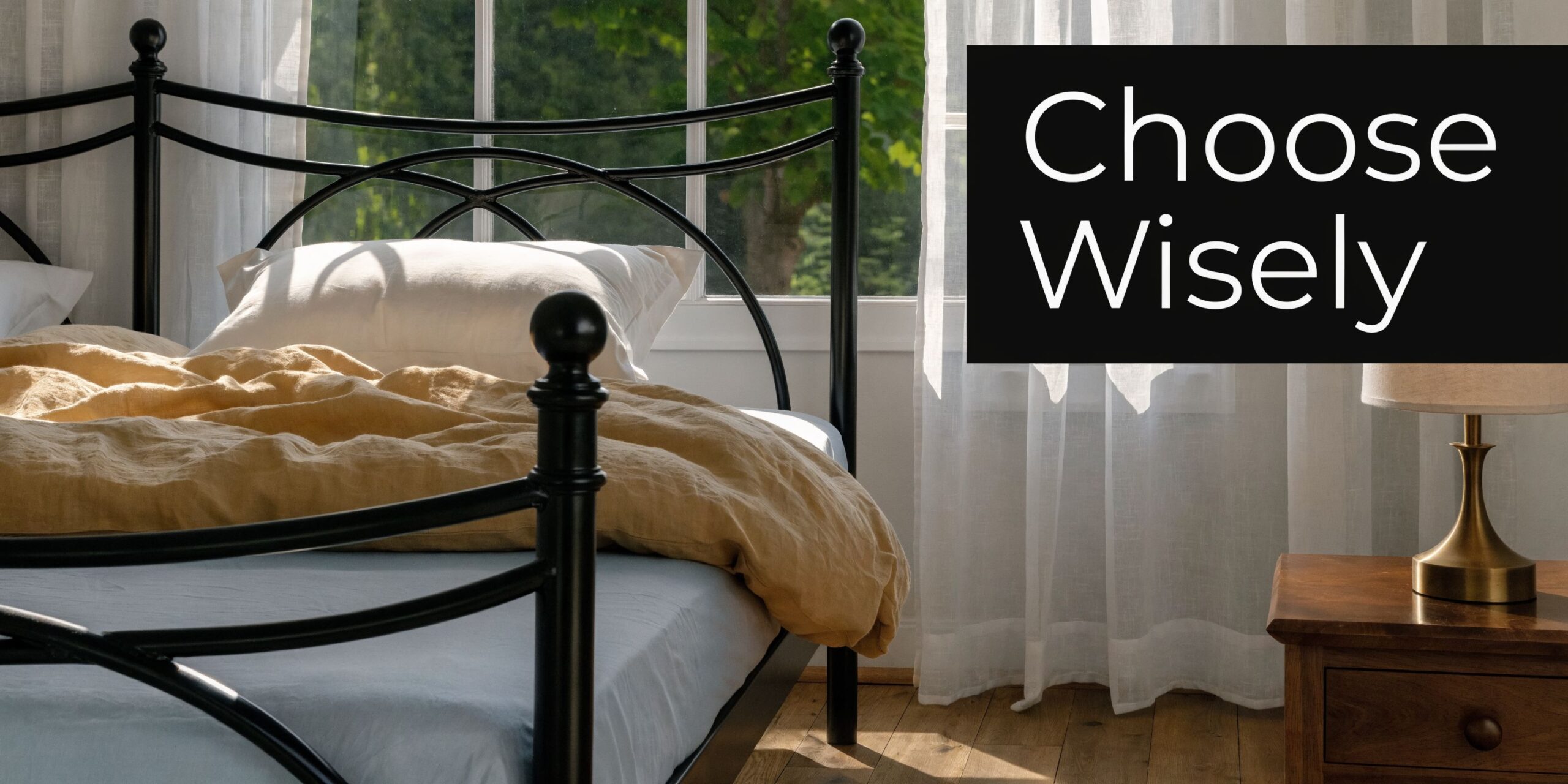 A cozy bedroom scene featuring a black iron bed frame with mustard yellow bedding near a window.