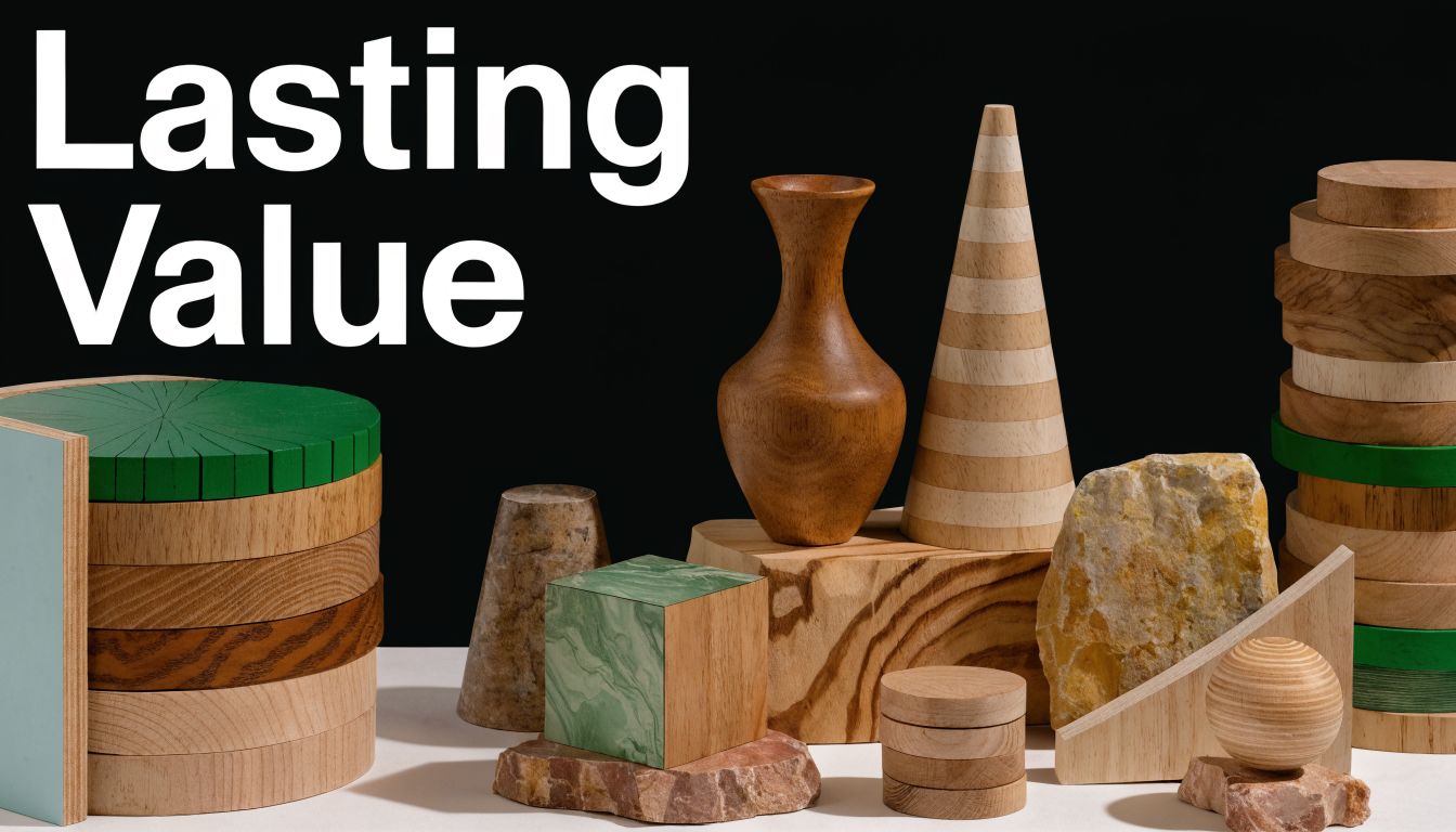 A minimalist arrangement of diverse wooden, stone, and geometric objects against a plain dark background.