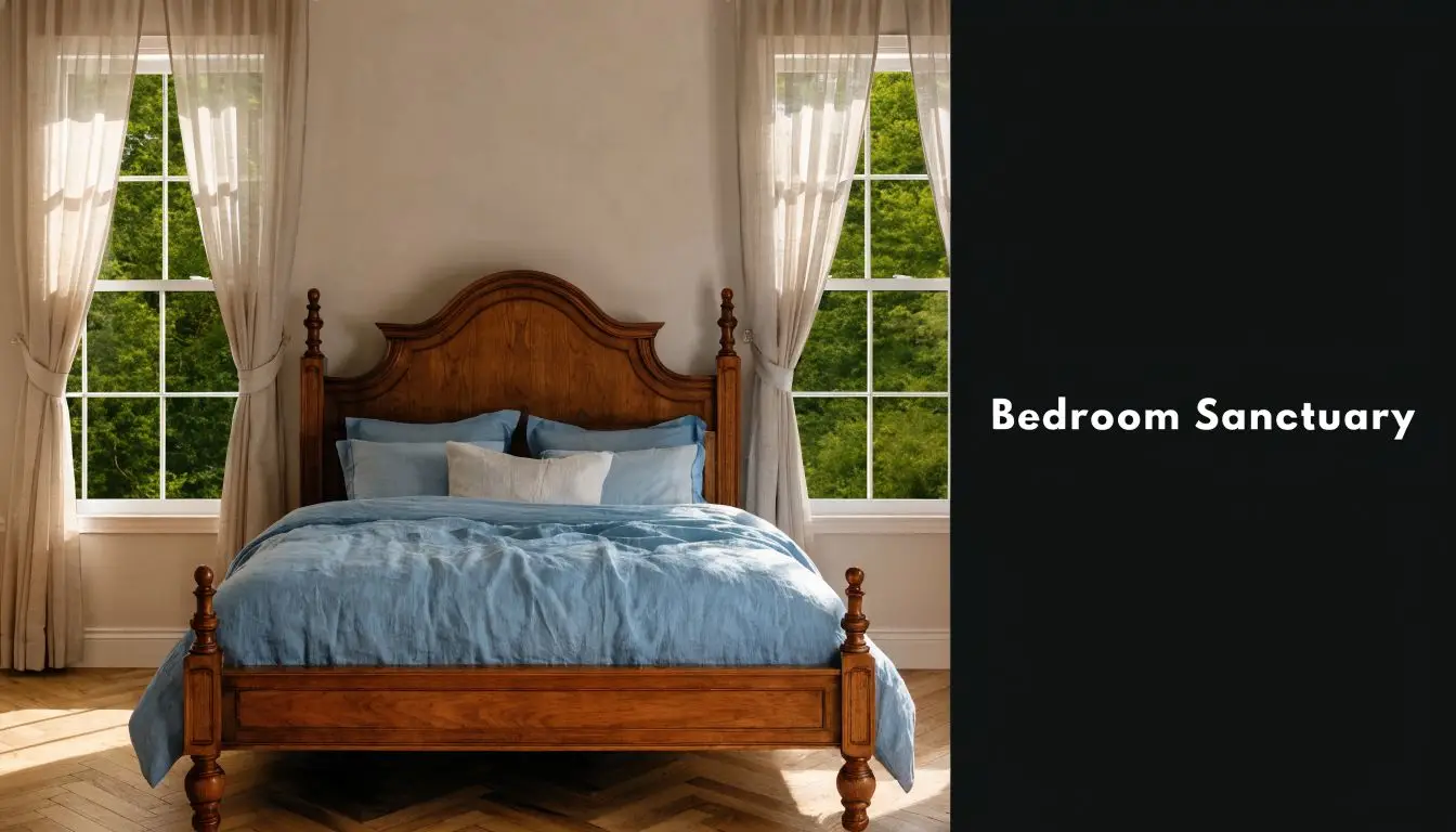 A classic cherry wood queen bed frame with blue bedding placed between two sunny windows with curtains.