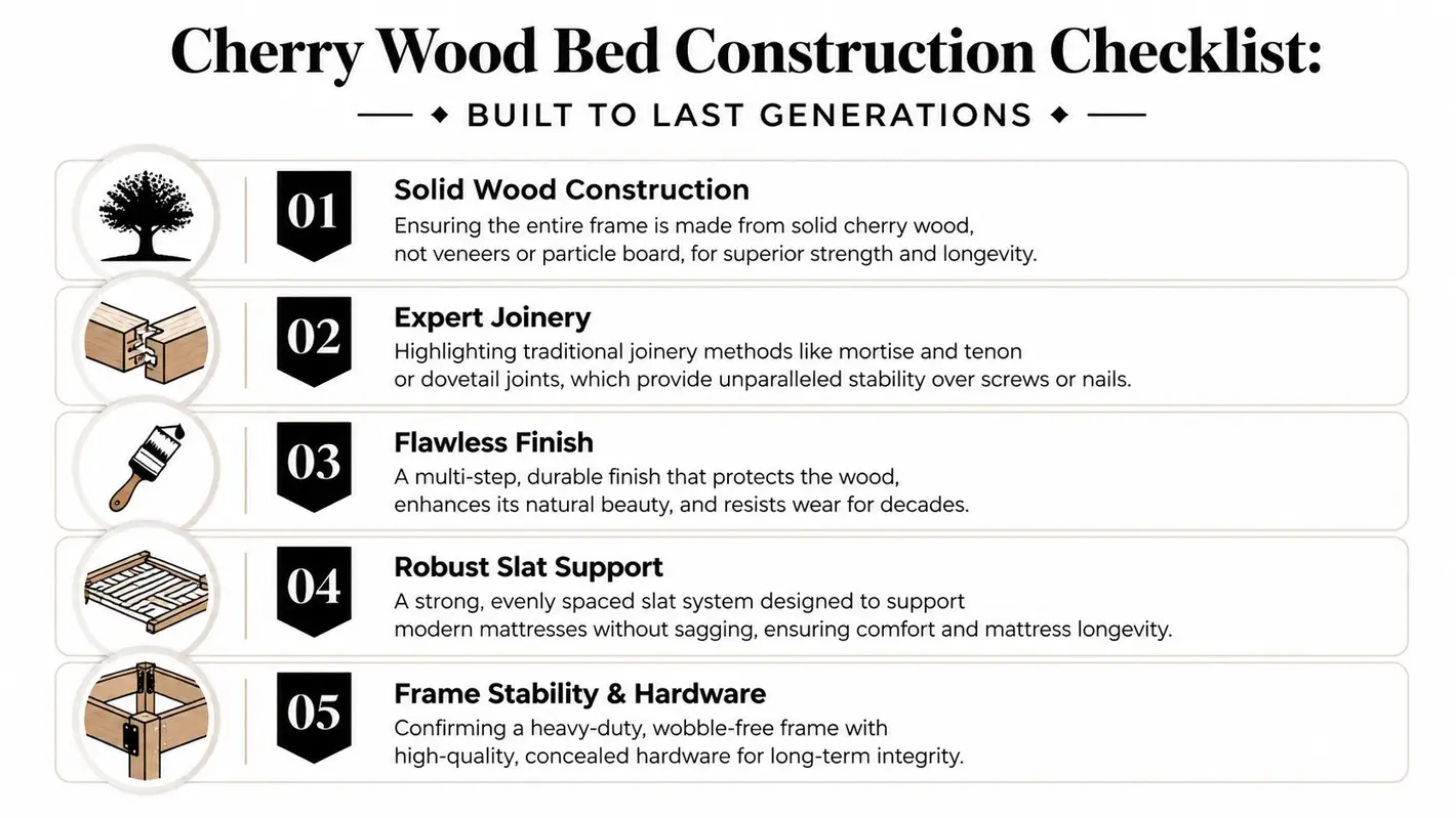 A checklist infographic detailing the quality construction standards for a high-quality solid cherry wood bed frame.