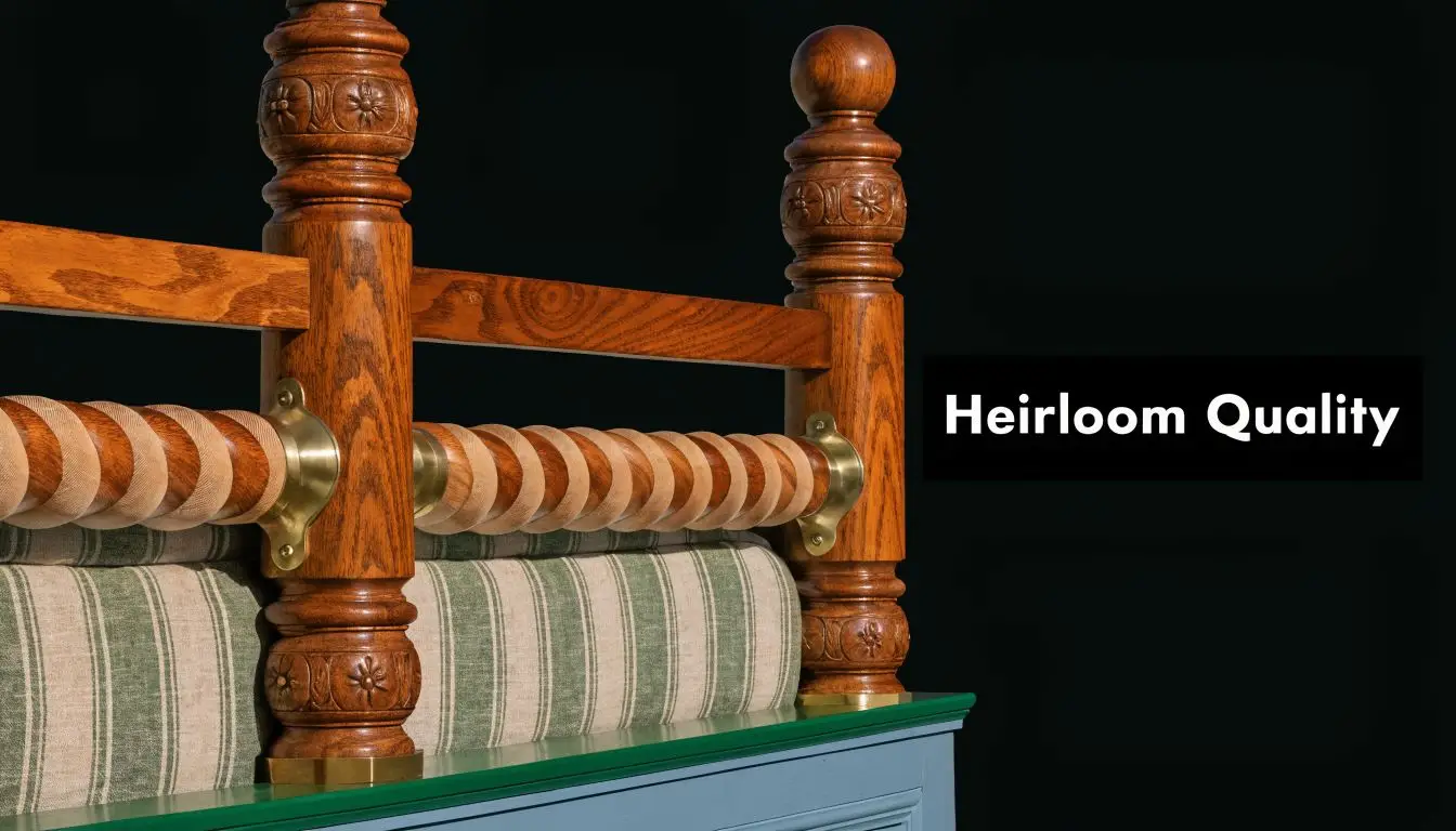 Close-up of a handcrafted cherry wood queen bed frame featuring intricate carved posts and vintage brass hardware.