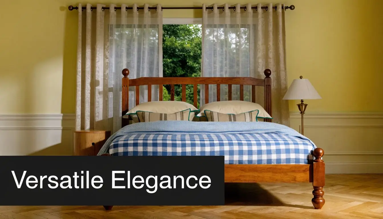 A classic cherry wood queen bed frame with blue checkered bedding set against a yellow wall.