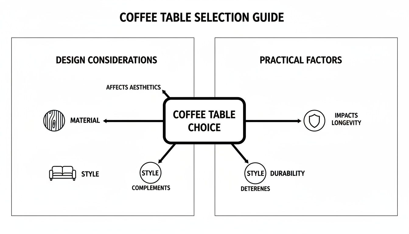 Infographic outlining design considerations and practical factors for choosing a coffee table.
