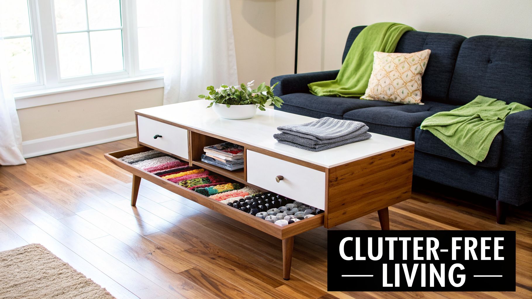 A modern living room featuring a coffee table with open storage drawers filled with colorful items, next to a blue sofa.