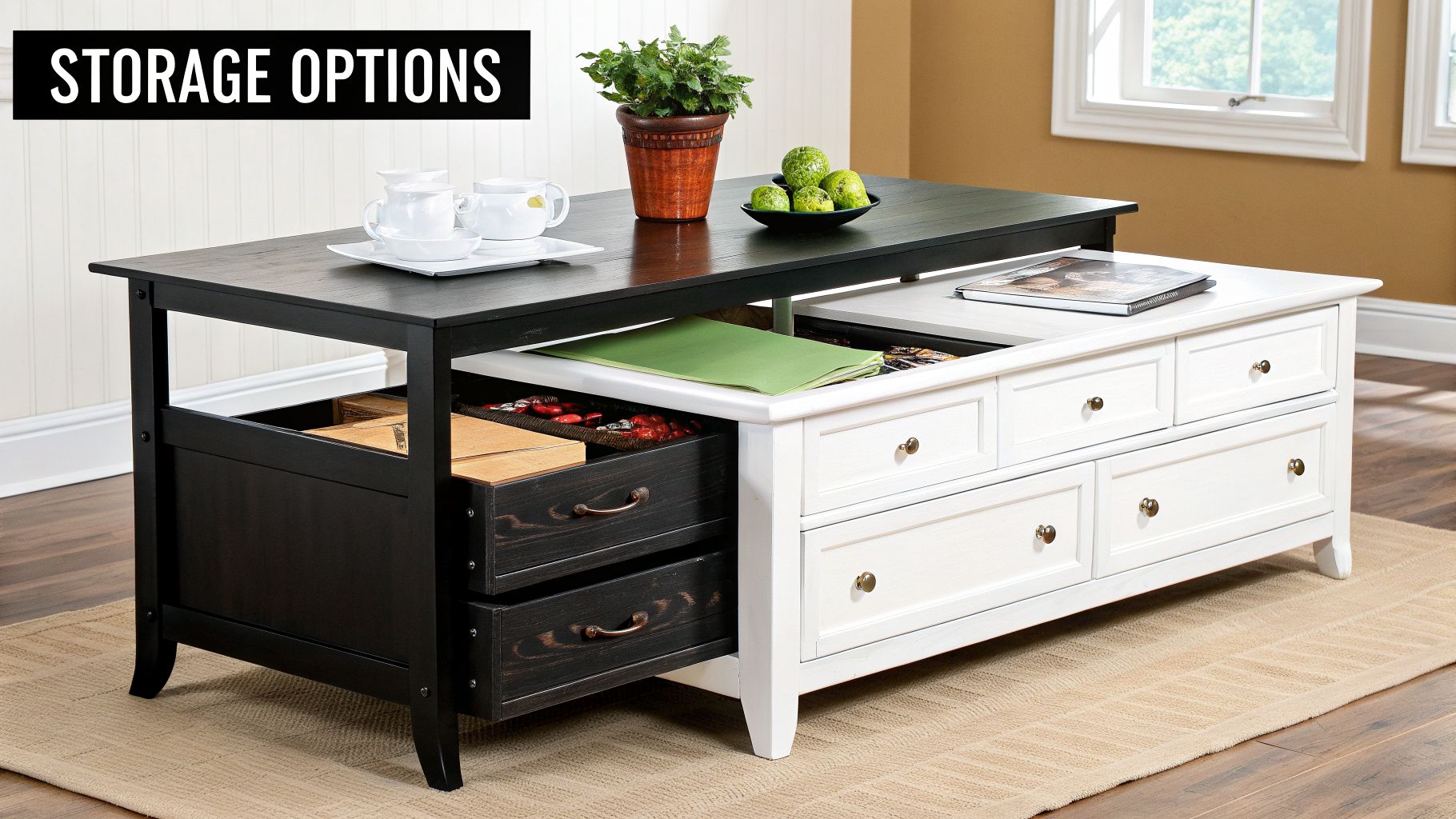 A two-tone coffee table with black and white parts, featuring multiple storage drawers and compartments.