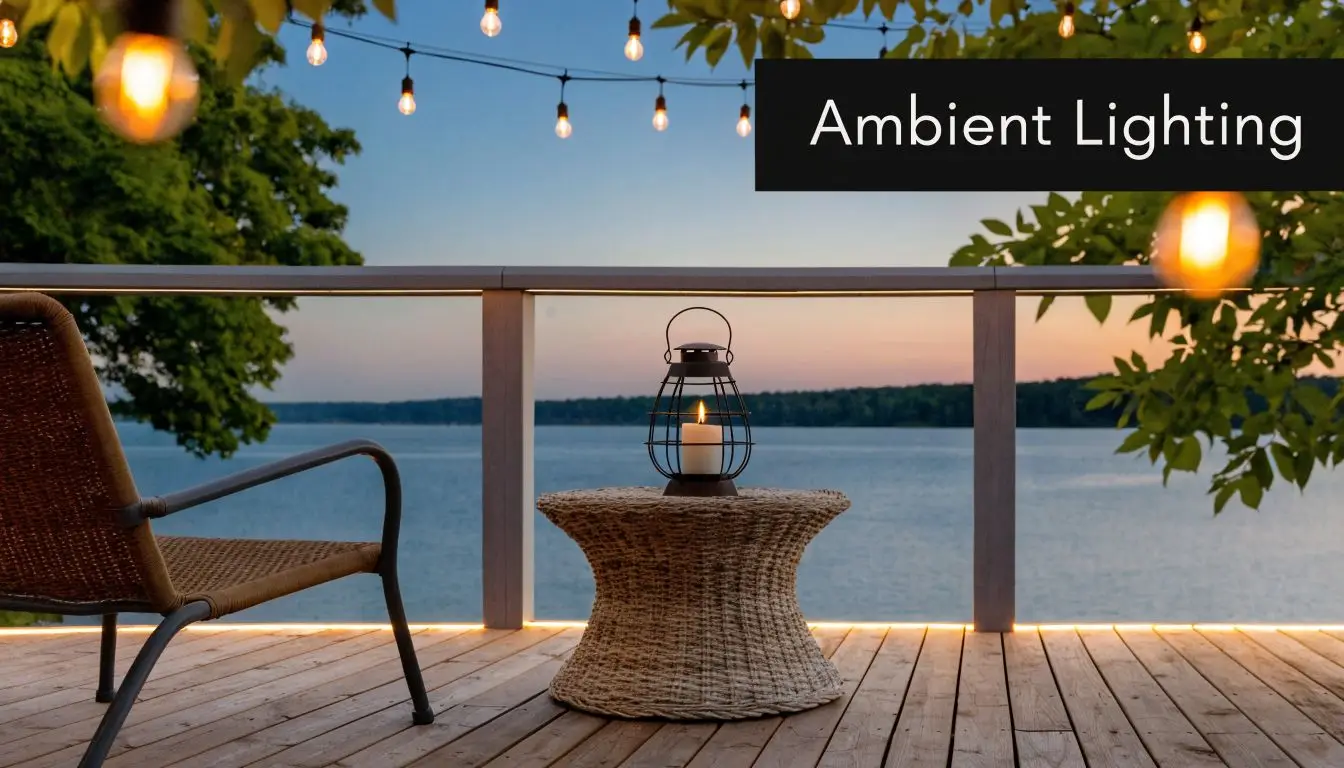 A scenic balcony deck at sunset featuring string lights, a cozy woven chair, and a candle lantern.