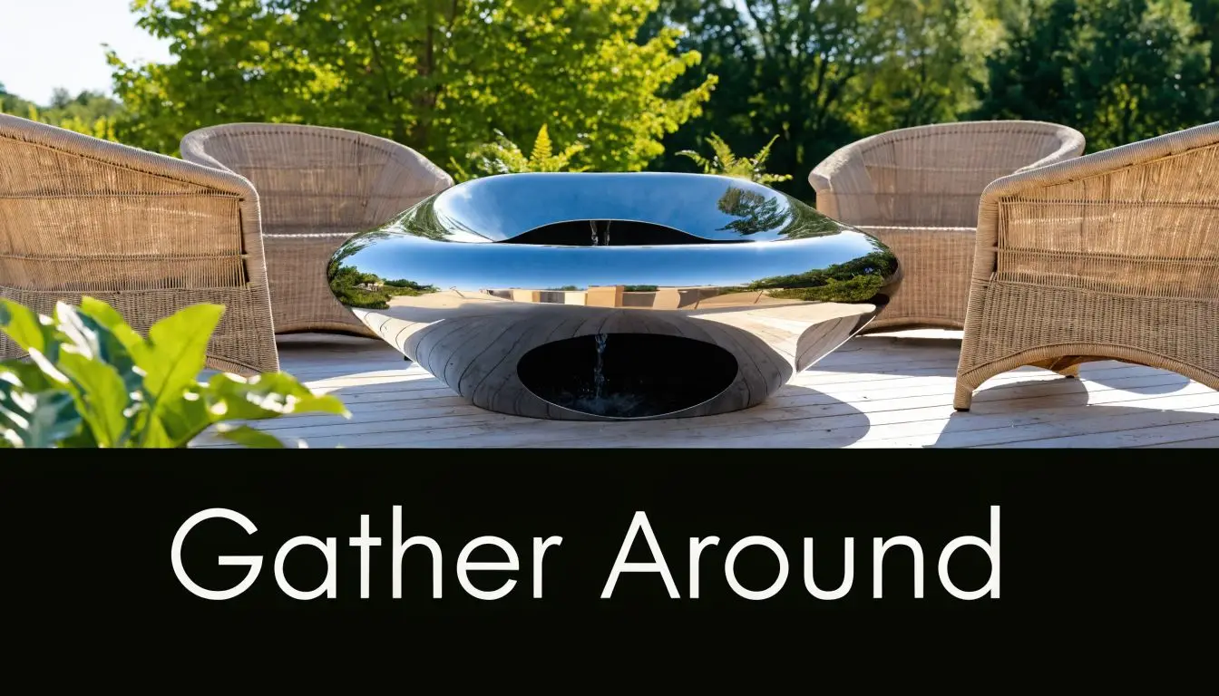 A modern chrome water fountain sits on a wooden deck surrounded by wicker chairs outdoors.