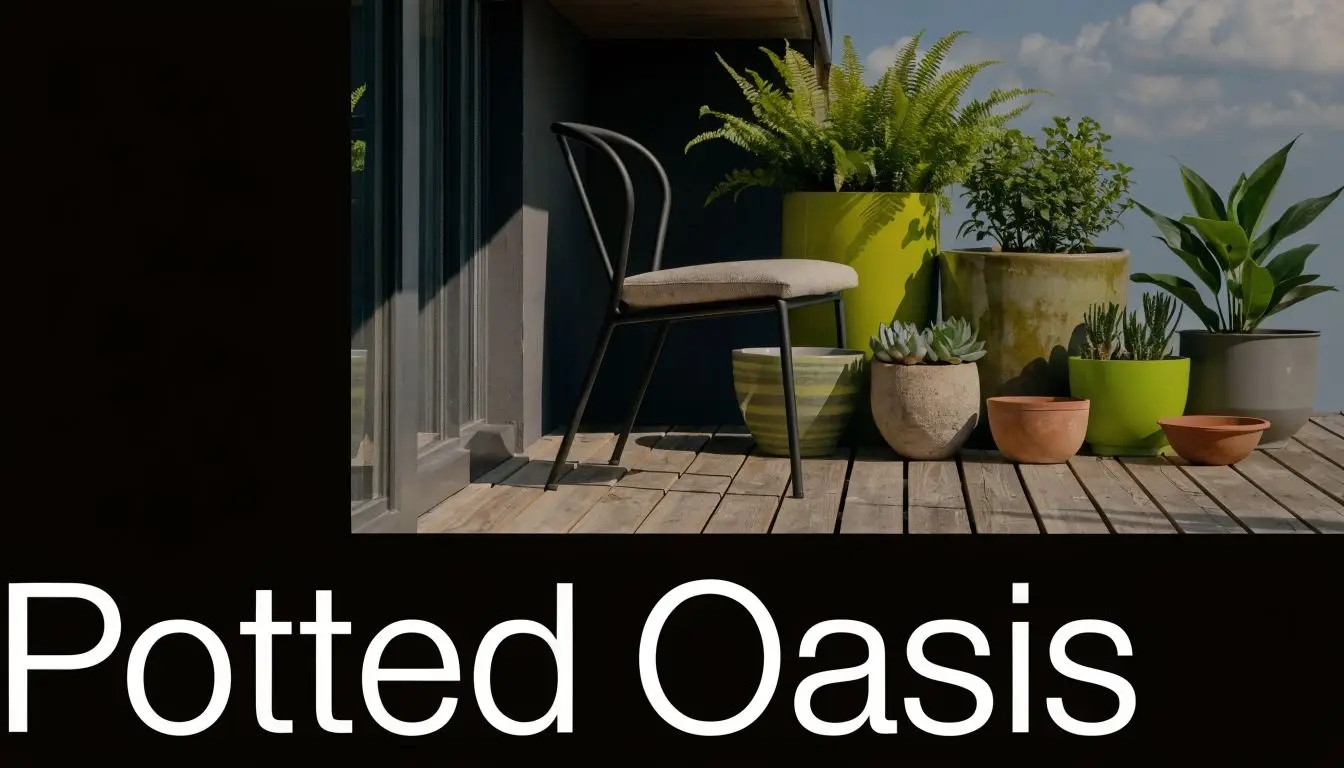 A minimalist chair sits on a wooden deck surrounded by various potted plants in a modern terrace.