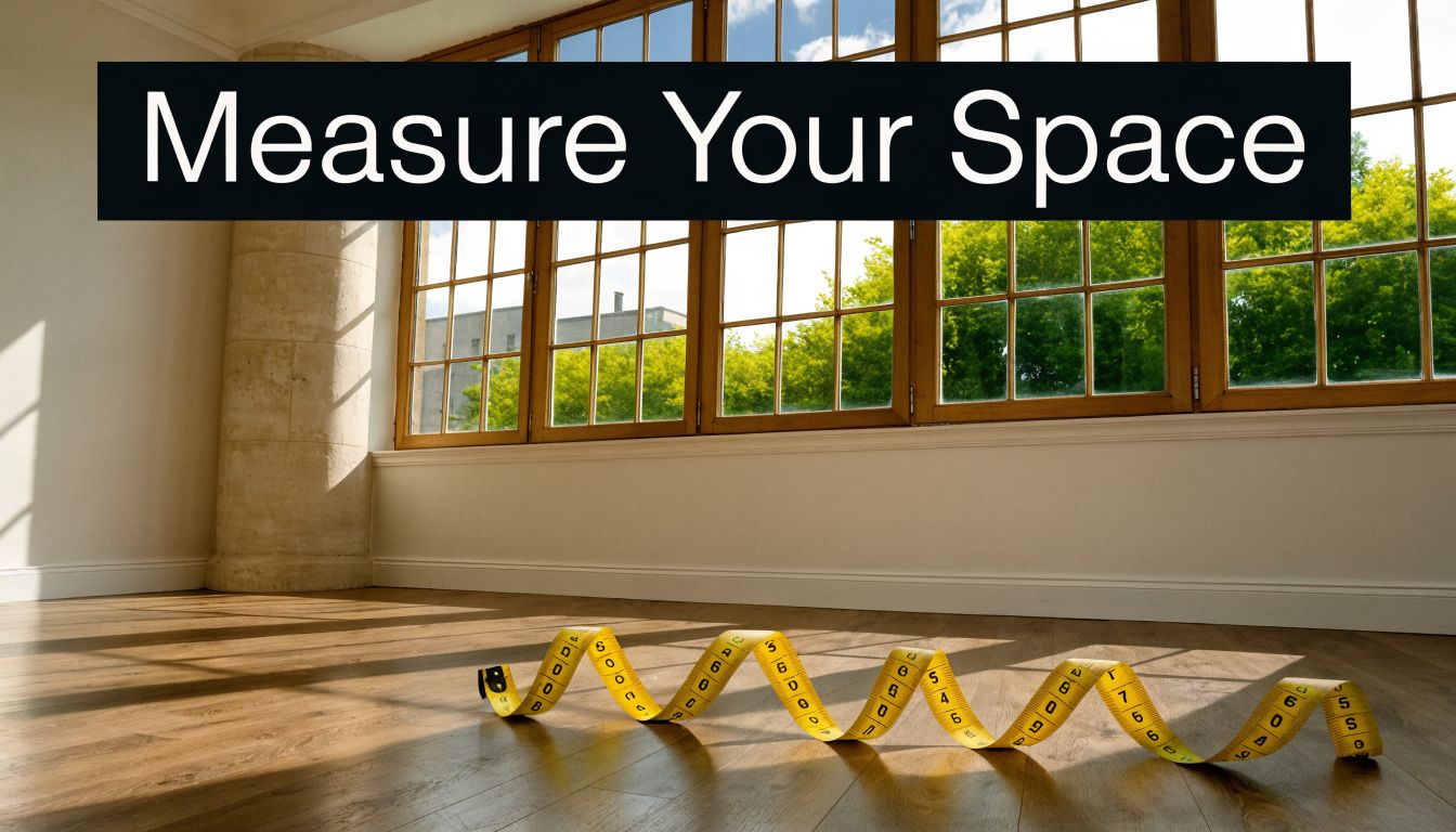 A yellow measuring tape laid out on a wooden floor in front of large windows.