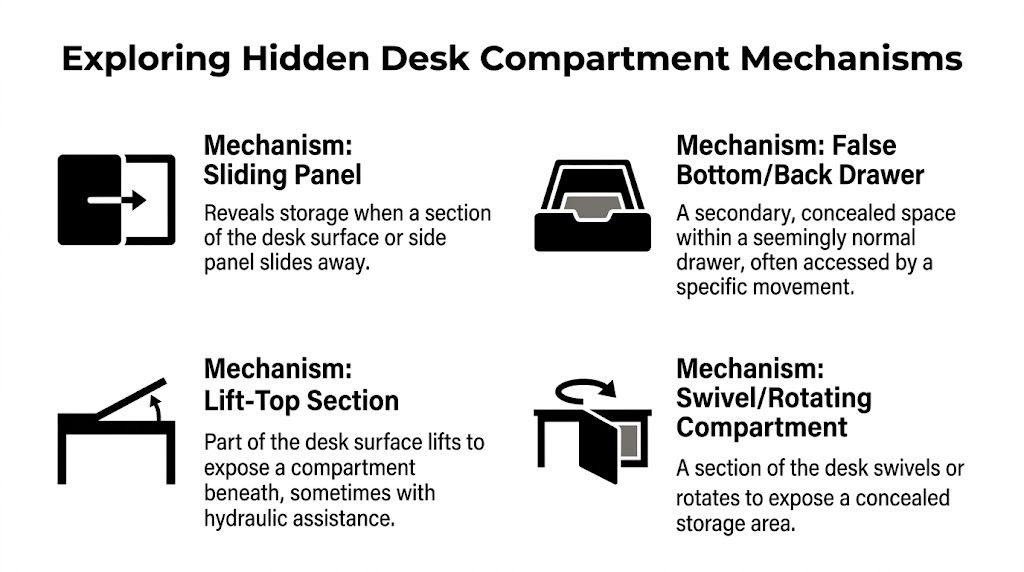 A graphic illustration showing four different mechanisms for creating hidden compartments within a wooden desk design.