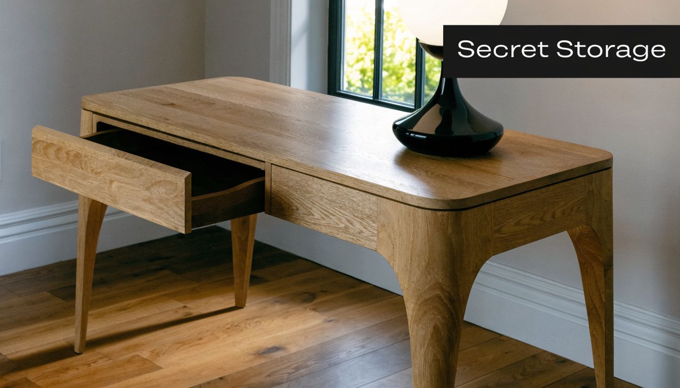 A sleek wooden desk with a minimalist design and an open drawer for secret storage