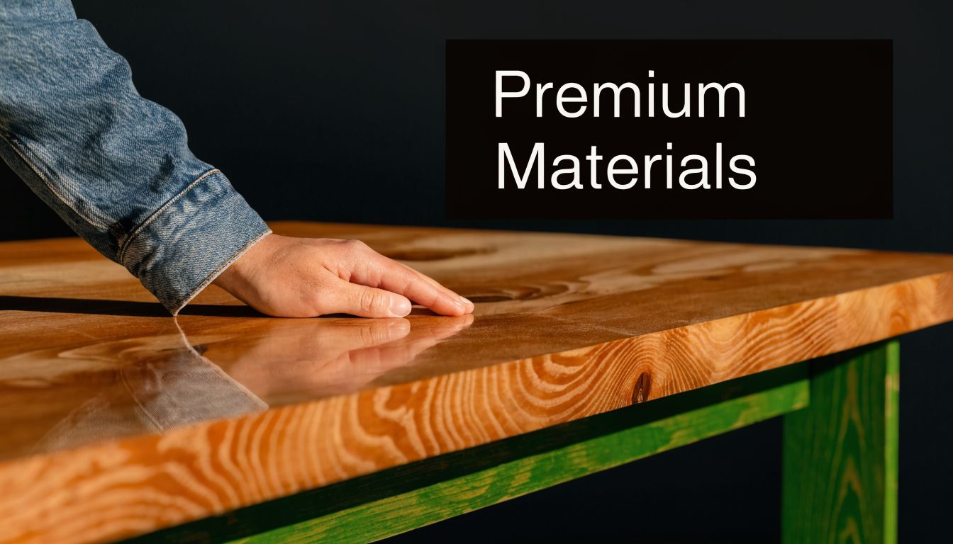 A person touching a smooth, polished wooden tabletop with a green painted base against a black background.