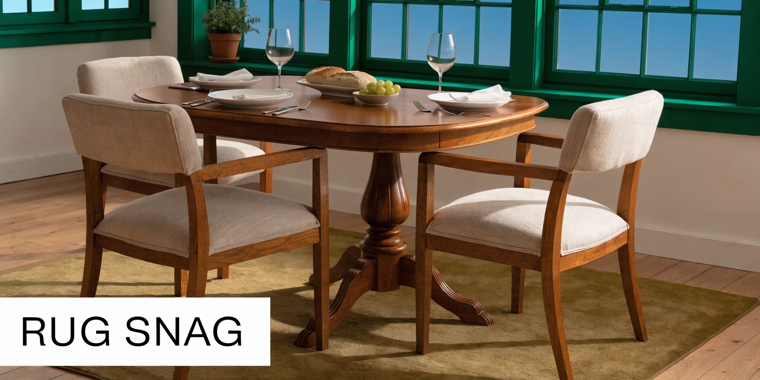 A warm, traditional dining room setup with a wooden table, fabric chairs, and a solid green area rug.