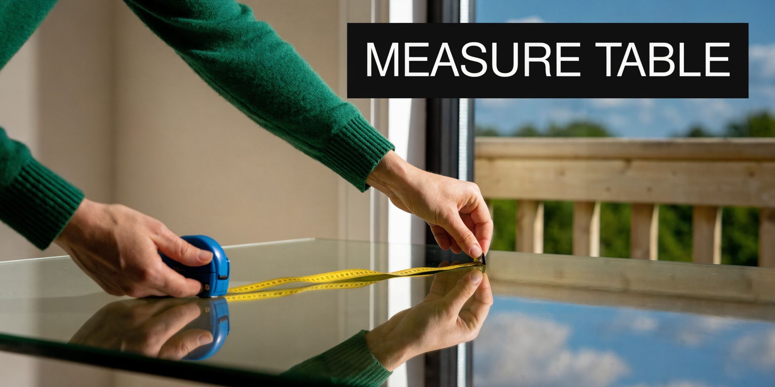 A person in a green sweater measures the glass surface of a dining table with a tape measure.