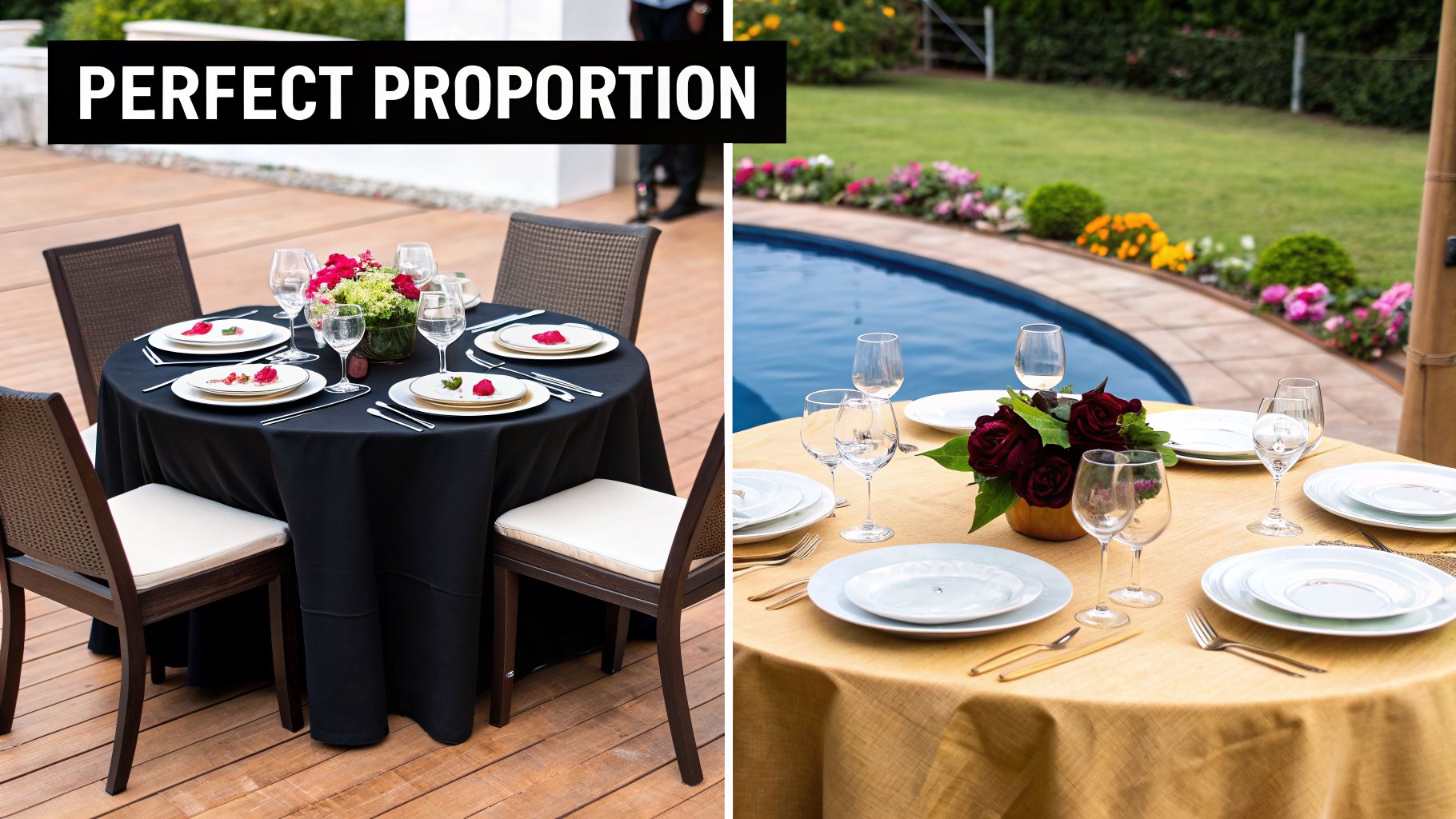 Two outdoor dining tables set with plates, glasses, and flower centerpieces, one with a black and one with a gold tablecloth.