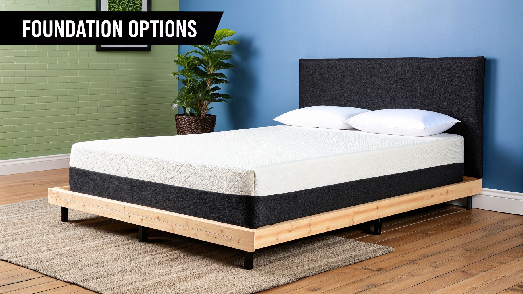 A modern bed featuring a white mattress, dark gray base, and light wooden bed frame.