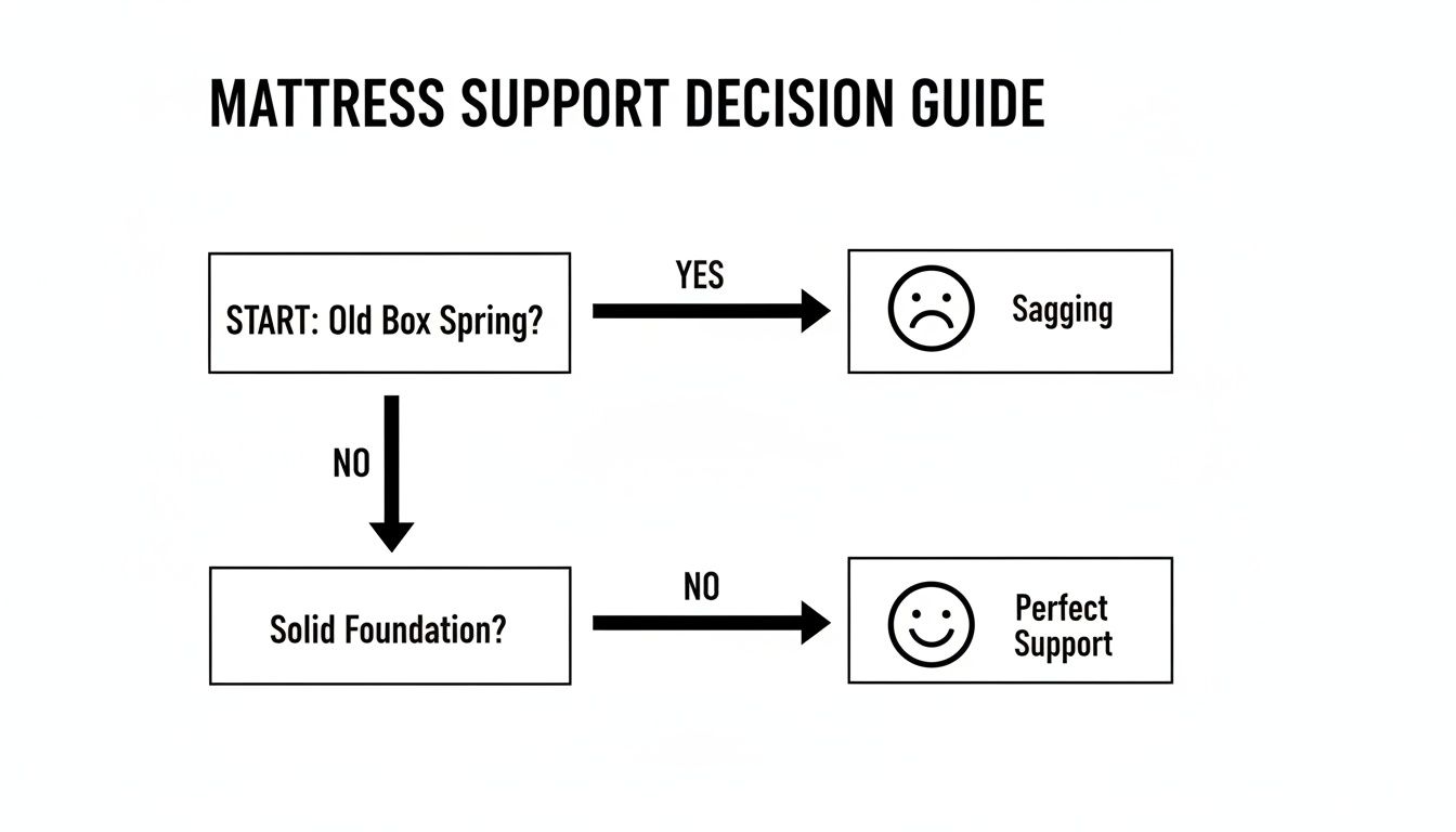 Flowchart illustrating a mattress support decision guide, evaluating old box springs and solid foundations.