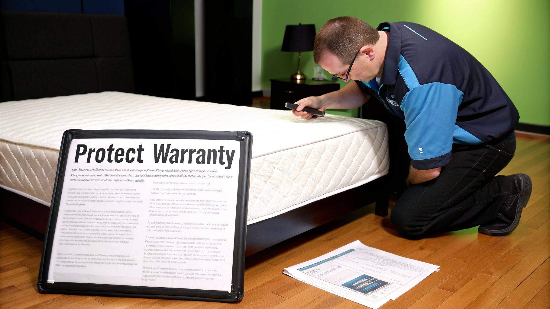 A man in uniform inspects a mattress with a device, near a 'Protect Warranty' sign.
