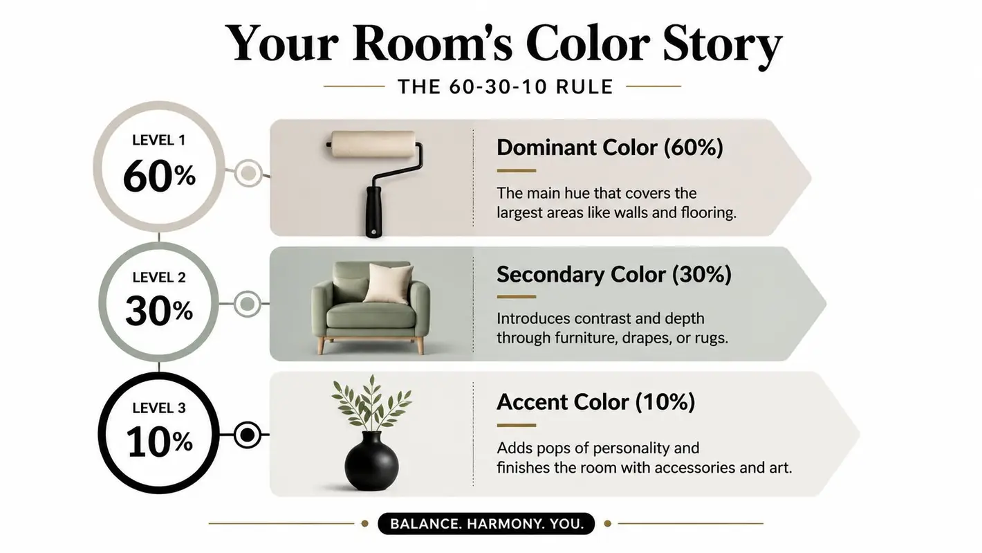 An infographic explaining the 60-30-10 rule for interior design color balance in living spaces.