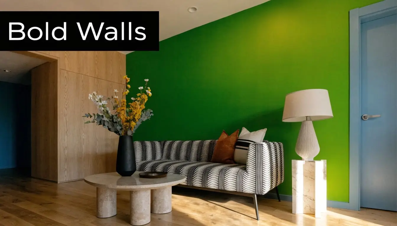 A modern living room featuring a vibrant green accent wall, striped sofa, and natural wood elements.