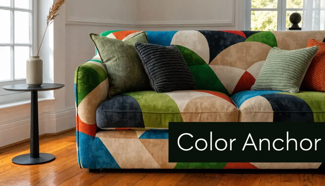 A vibrant patterned sofa with multi-colored geometric shapes and various decorative cushions in a bright living room.