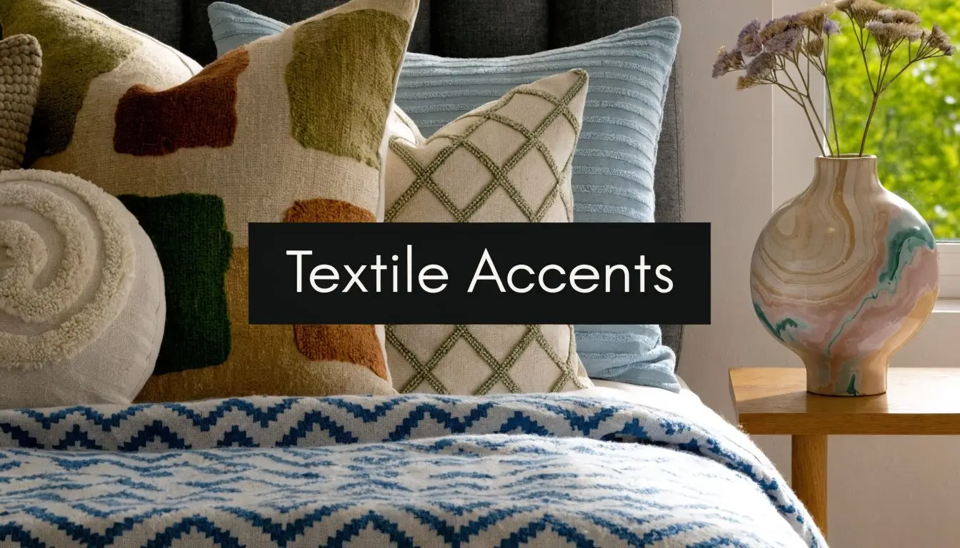 A close-up of decorative throw pillows in various textures and patterns on a bed with a throw blanket.