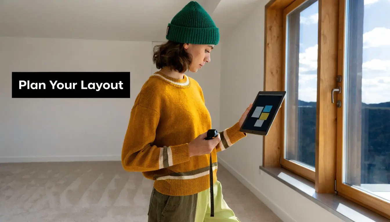 A woman wearing a yellow sweater plans her furniture layout using a tablet in an empty room.