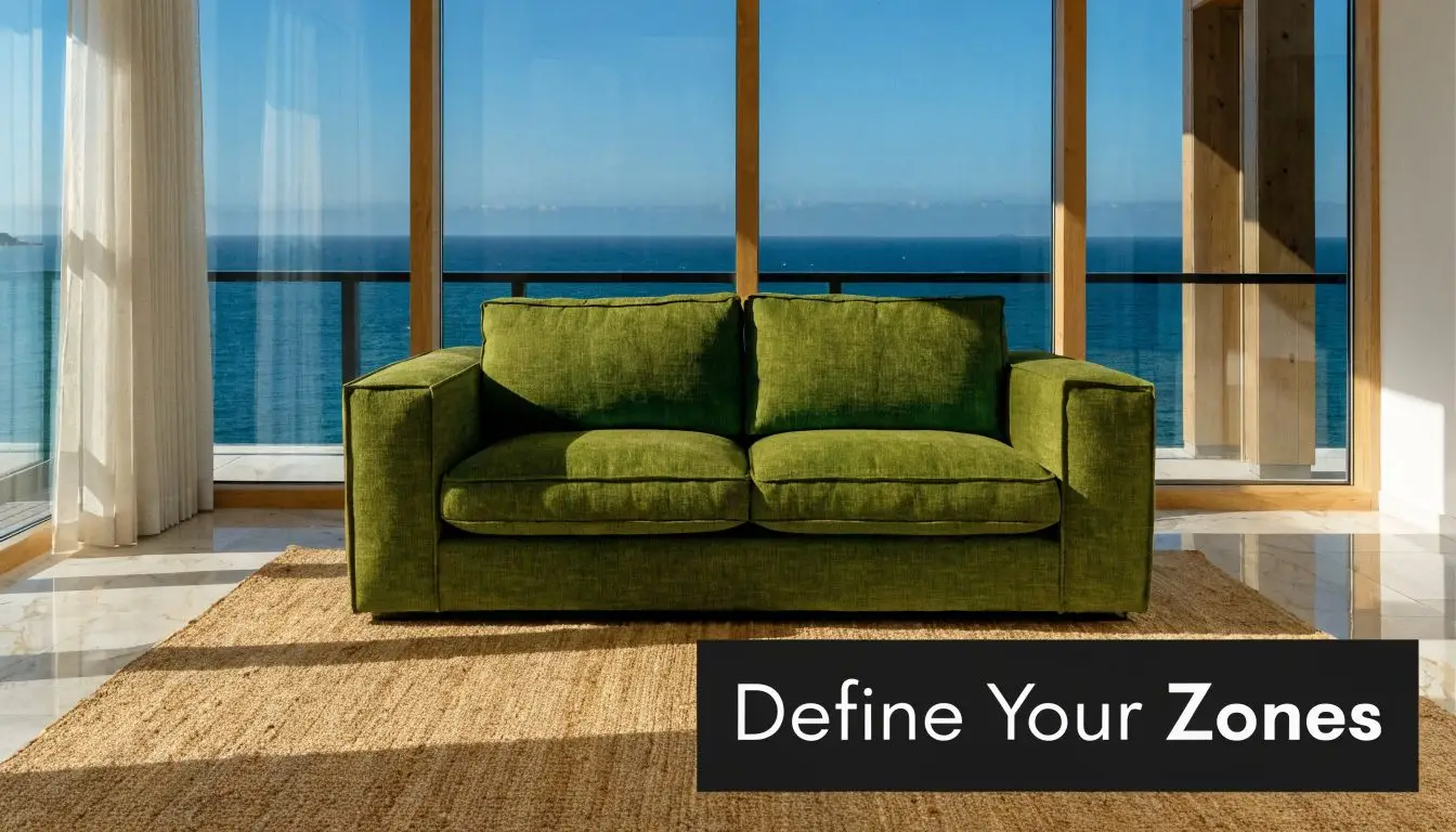 A green sofa sits on a textured rug in a bright room with ocean views.
