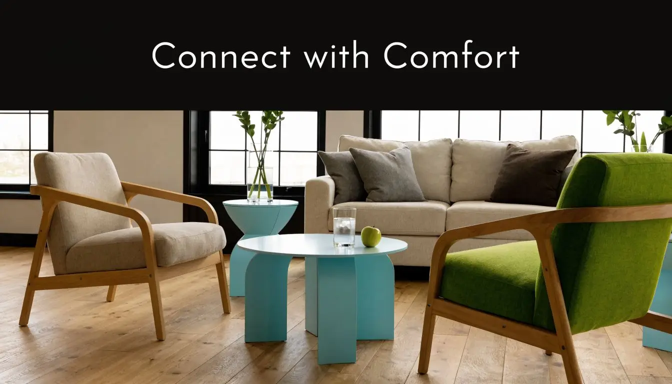 A cozy living room setting featuring a beige sofa, two accent chairs, and light blue side tables.