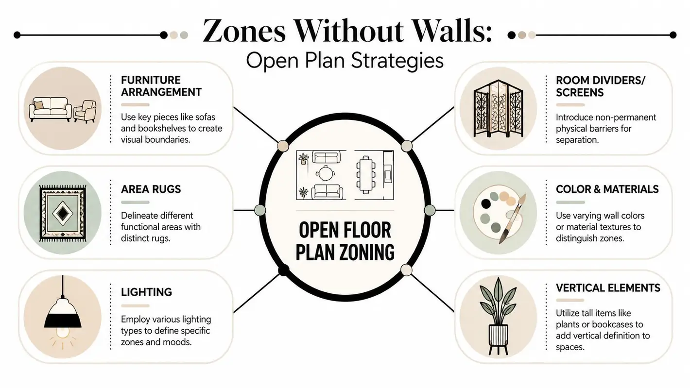 An infographic illustrating six creative open floor plan zoning strategies using furniture, rugs, lighting, and room dividers.