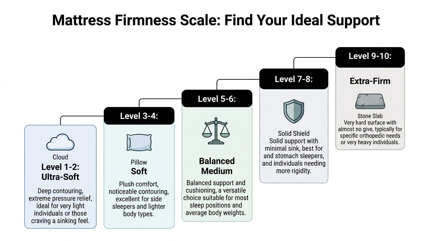 A mattress firmness scale infographic showing five levels of comfort from ultra-soft to extra-firm.