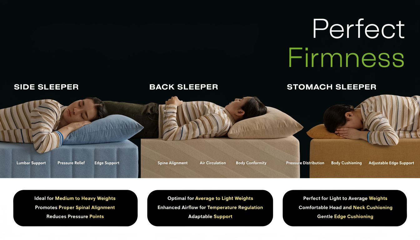A graphic illustration showing three different sleeping positions, side, back, and stomach, and the mattress firmness levels suitable for each.