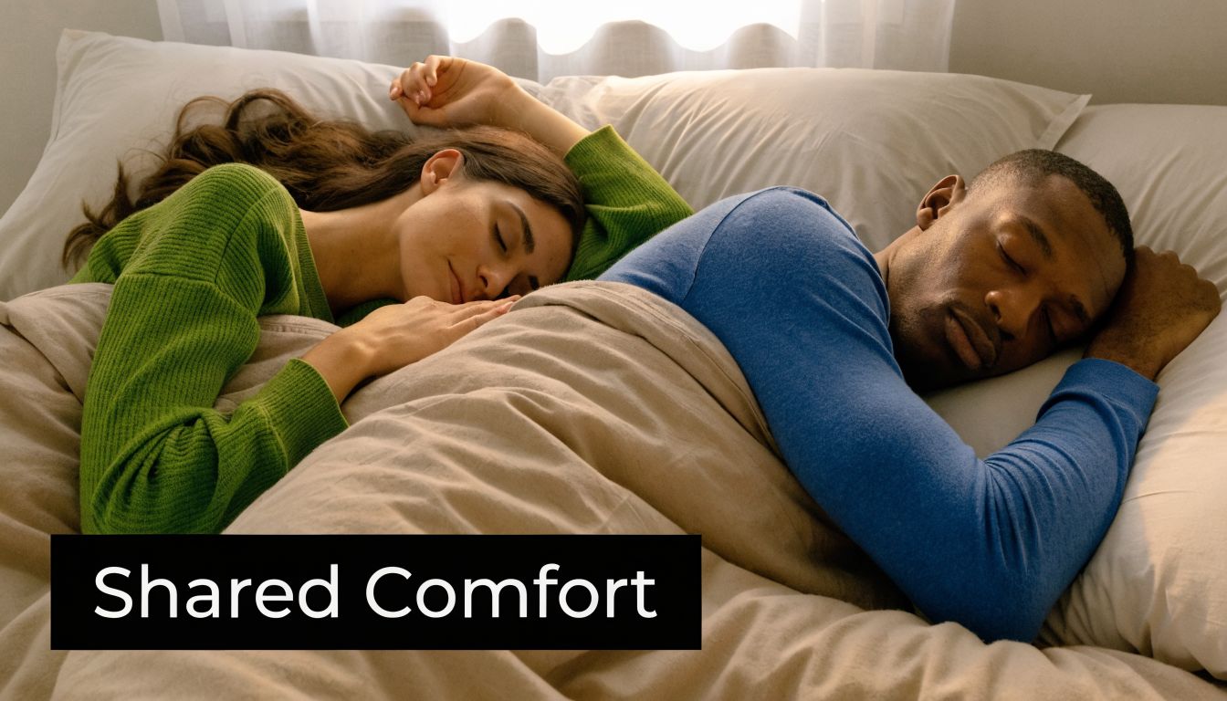 A couple sleeping peacefully together in a comfortable bed under soft, cozy blankets in the morning light.
