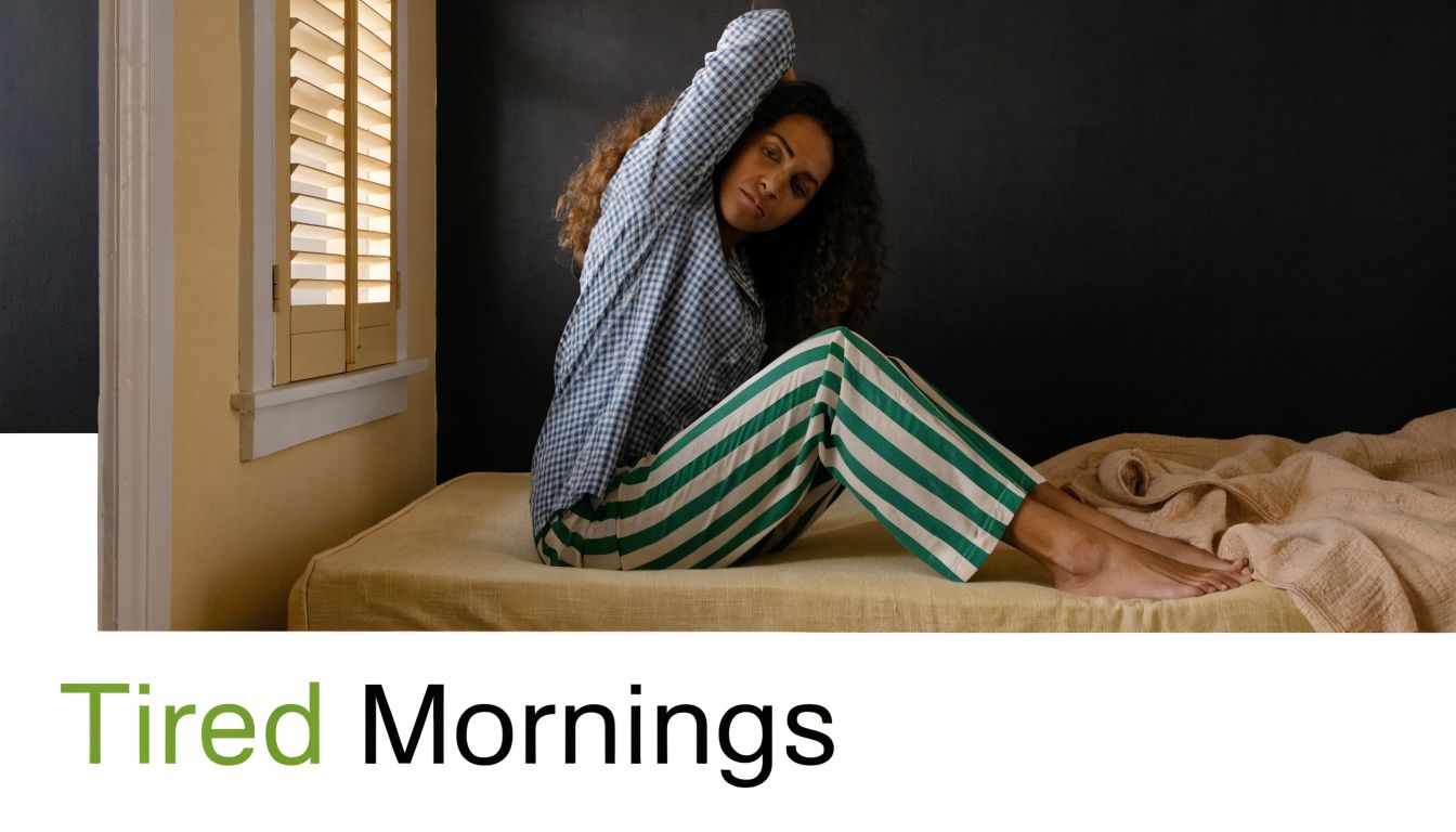 A tired woman with curly hair sitting on a mattress stretching in her pajamas during the morning.