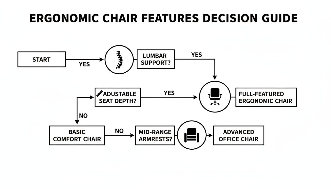 Flowchart illustrating an ergonomic chair features decision guide based on lumbar support, seat depth, and armrests.