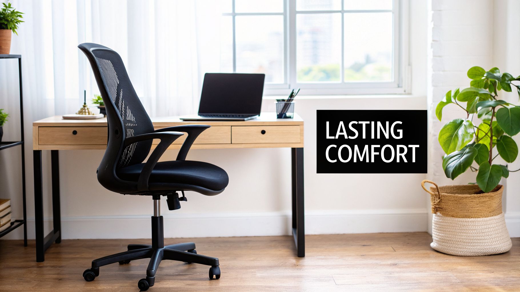 A modern black ergonomic mesh office chair in a bright home office setting, promoting lasting comfort.