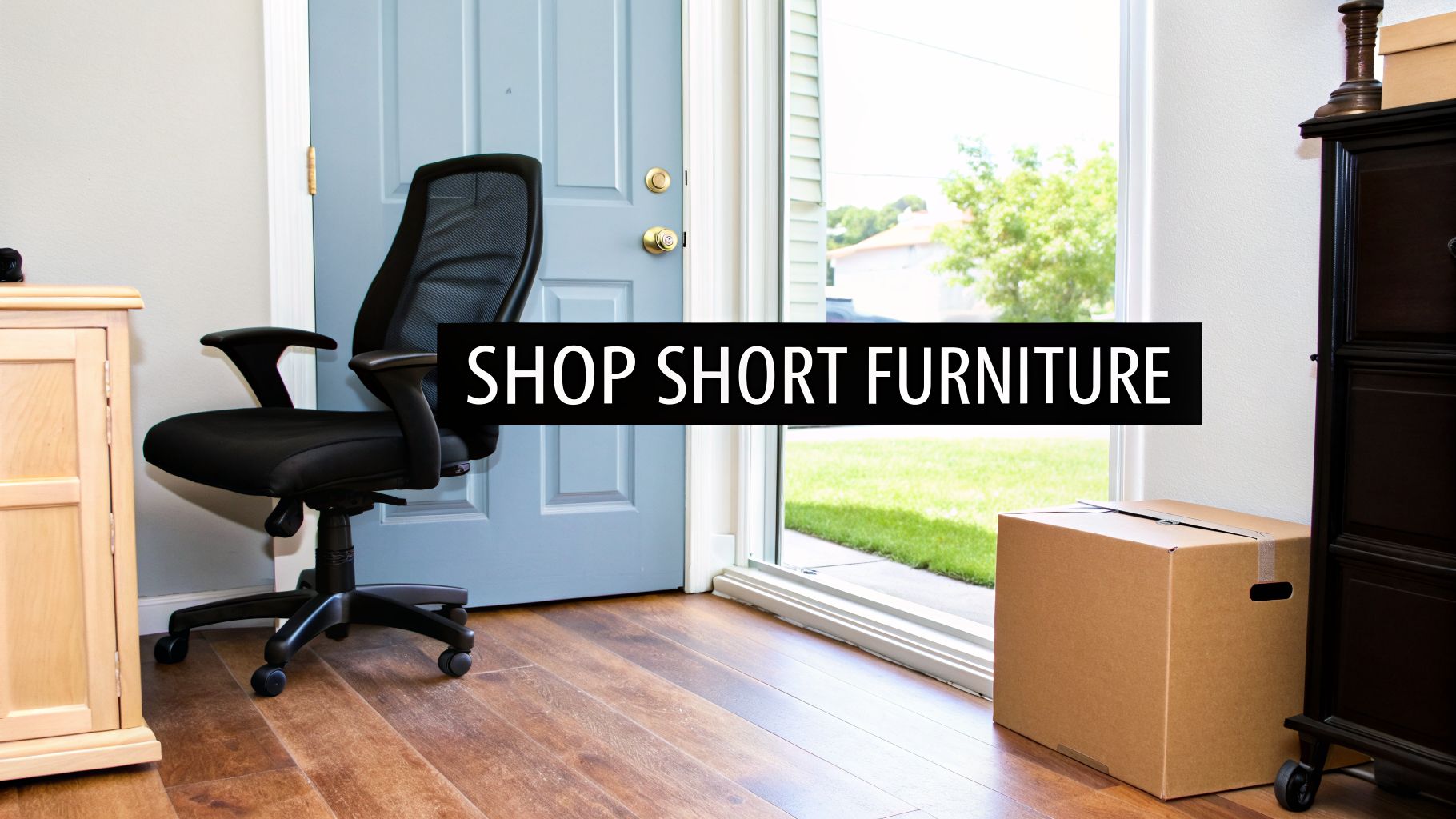 A black ergonomic office chair next to a light blue door, with a cardboard box on the floor.