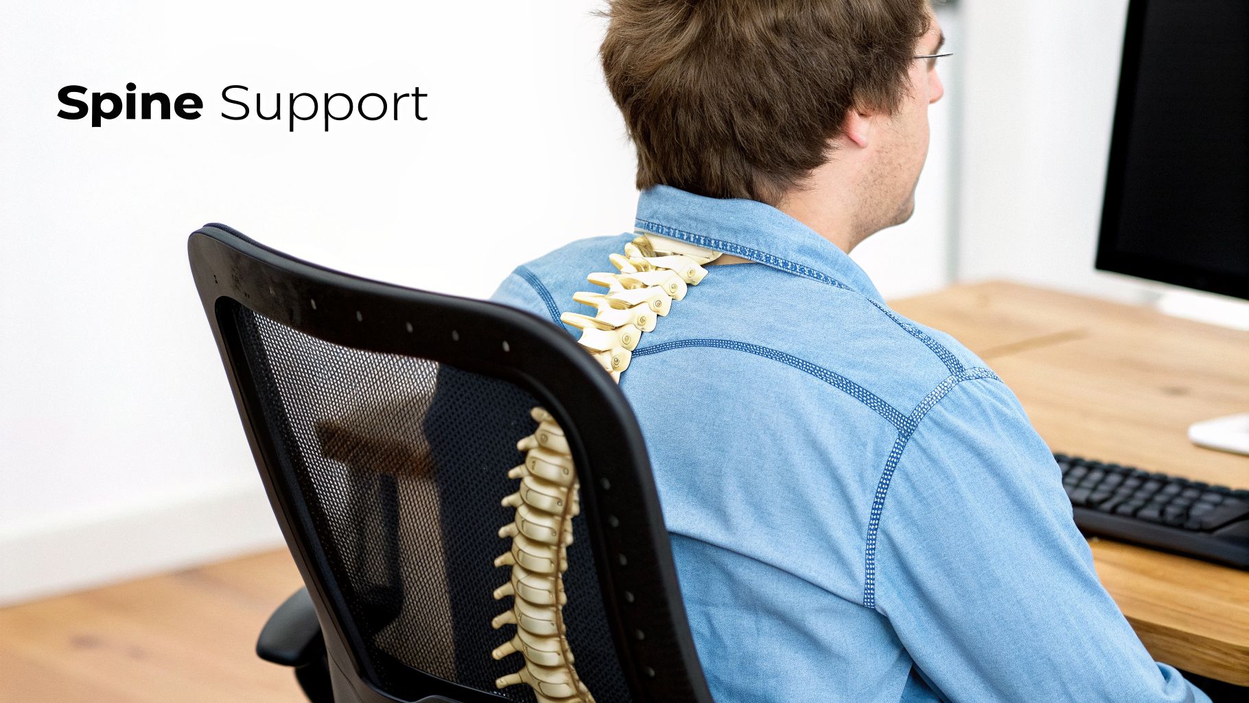 A man sits in an office chair with a spine model demonstrating proper back support.