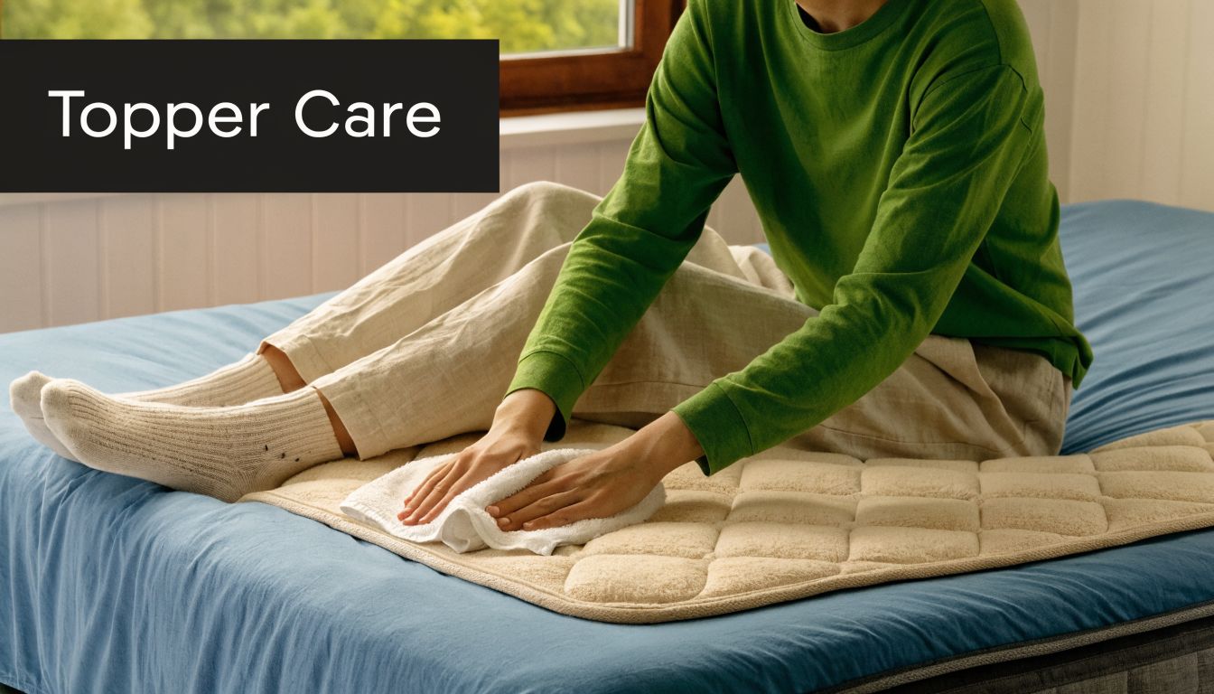 A person cleaning a beige quilted mattress topper on a bed with a white cloth.