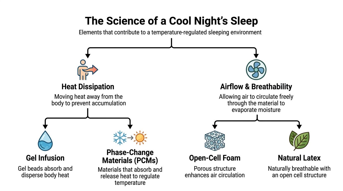 A diagram explaining factors for a cool sleeping environment, including heat dissipation methods and breathable mattress materials.