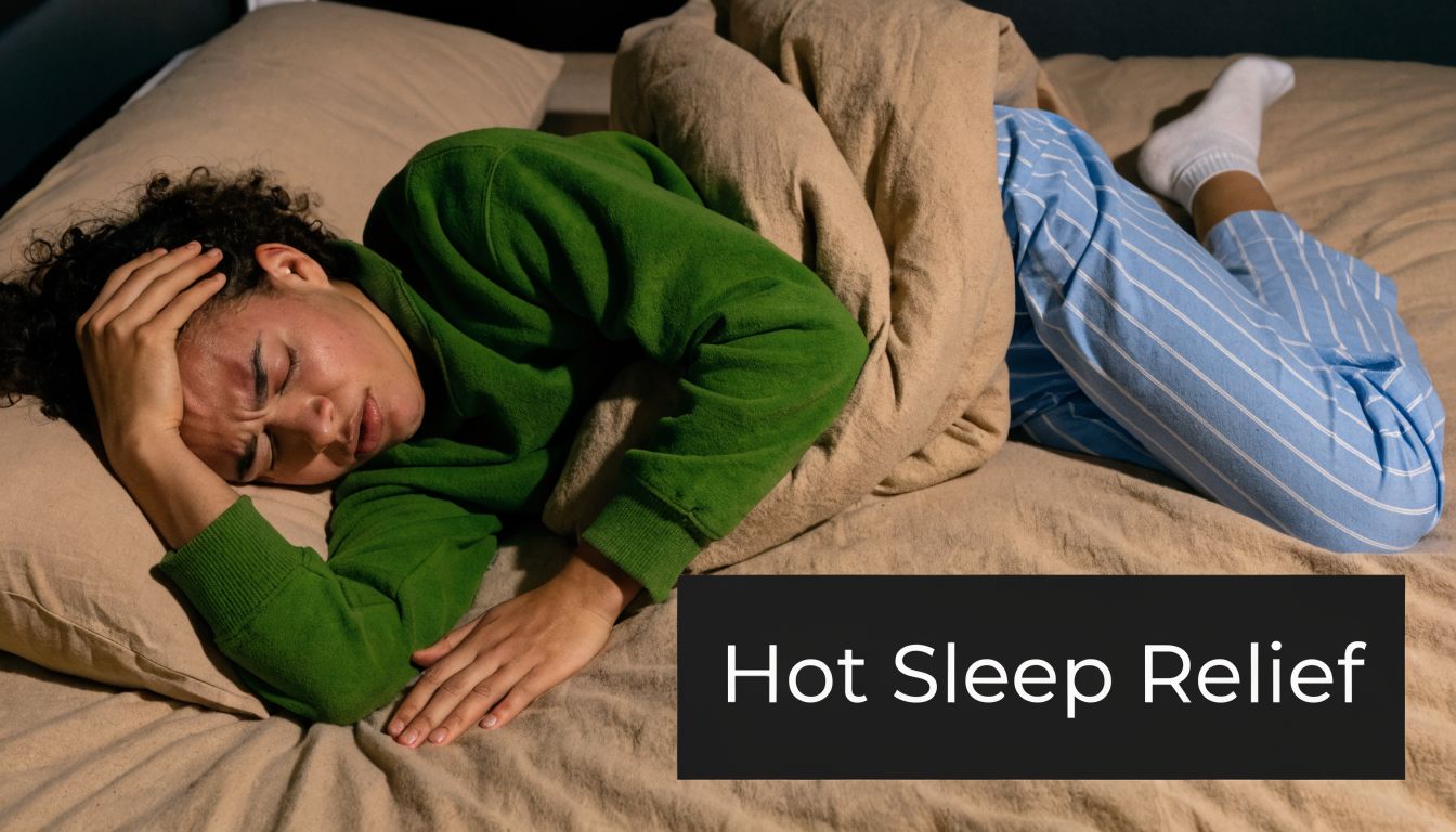 A person lying in bed looking stressed and uncomfortable while struggling with heat at night.