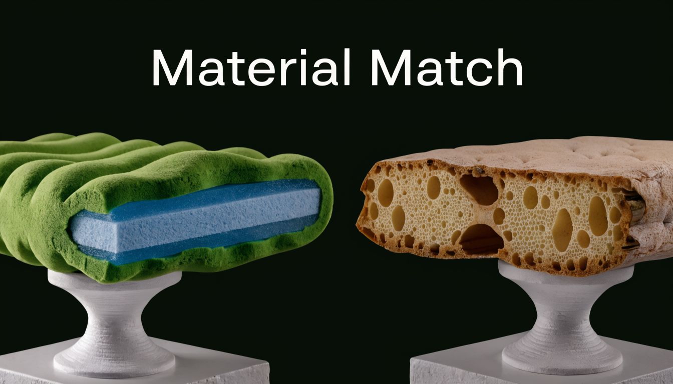 A split screen comparing a green foam mattress topper material with a porous, bread-like structure texture.