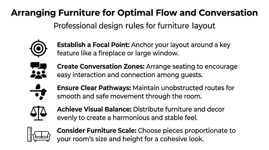 A list of professional design tips for arranging living room furniture for optimal flow and conversation.