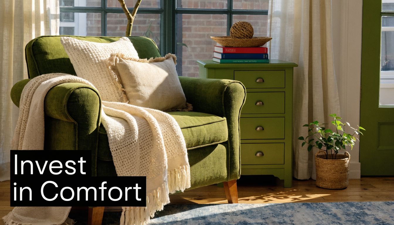 A comfortable green armchair with a cozy throw blanket and cushions next to a matching side table.
