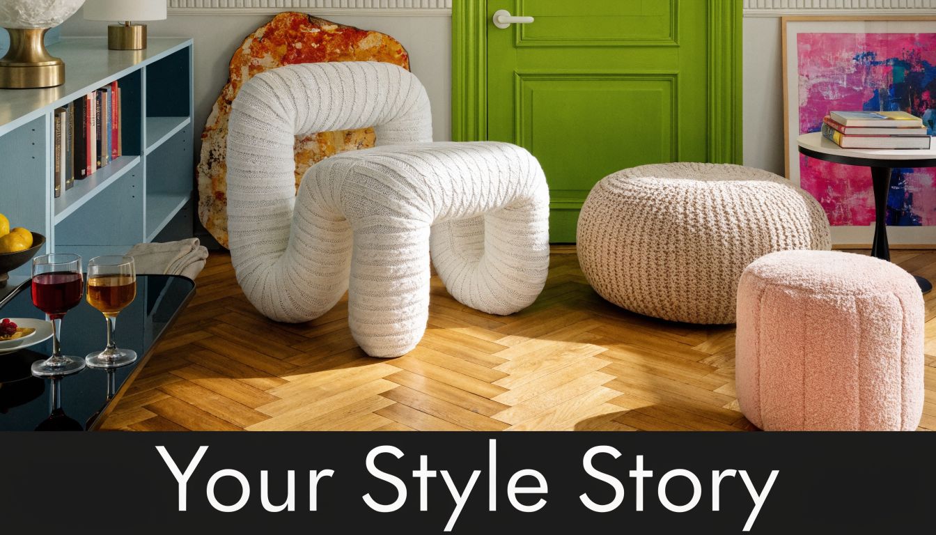 A modern living room featuring a white sculptural chair, a knitted ottoman, and colorful abstract wall art.
