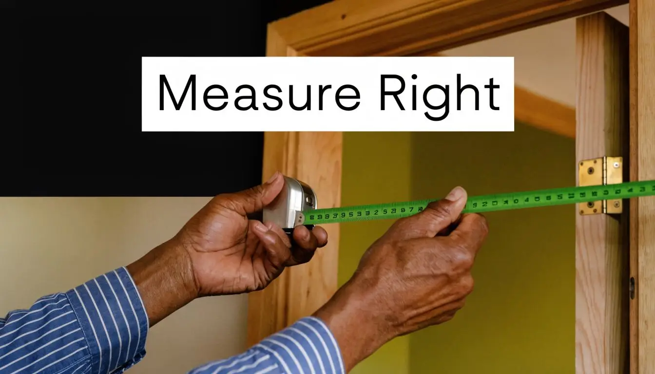 A person uses a green tape measure to check the dimensions of a wooden door frame.